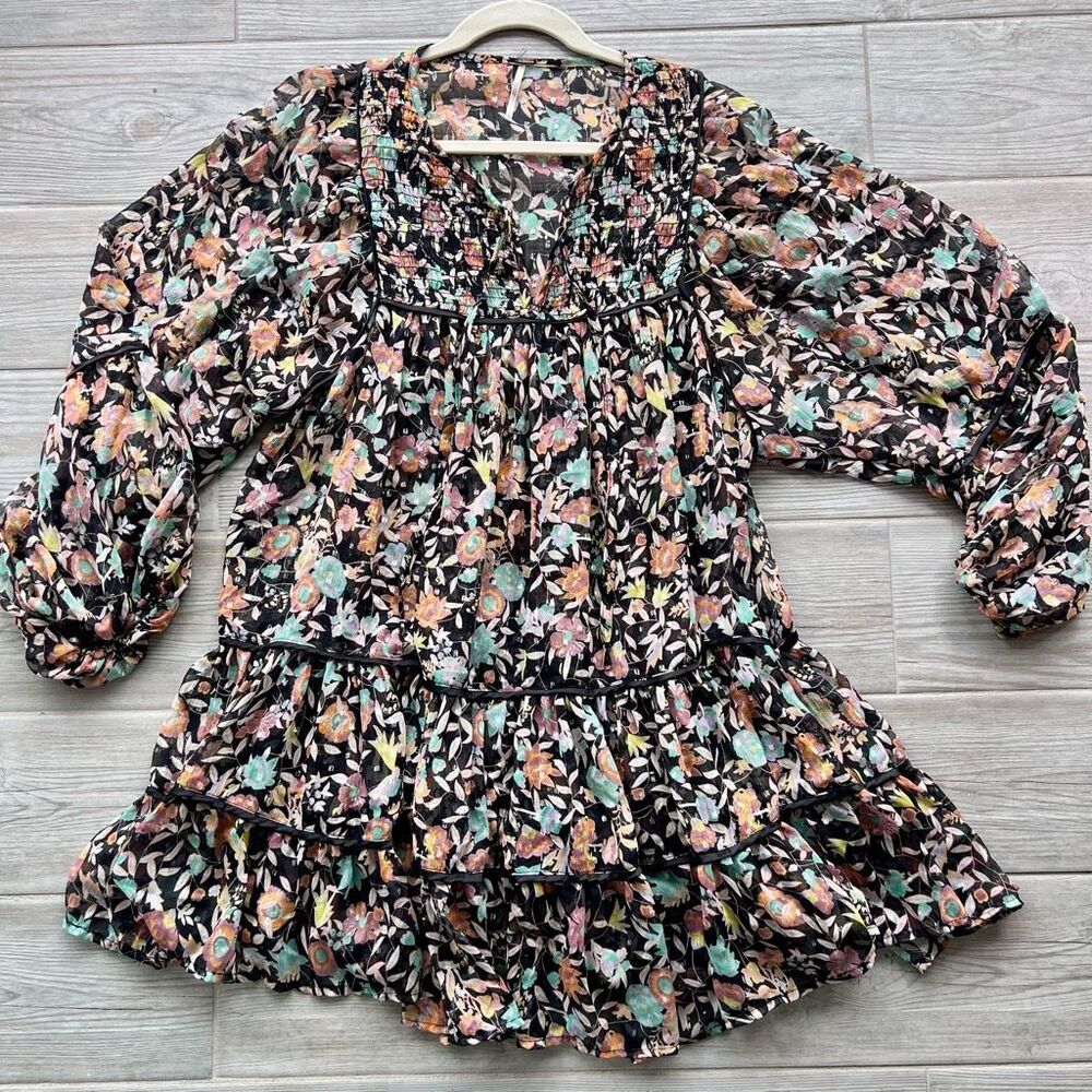 Free People Floral Long Sleeve Dress - Black, Pink, Green